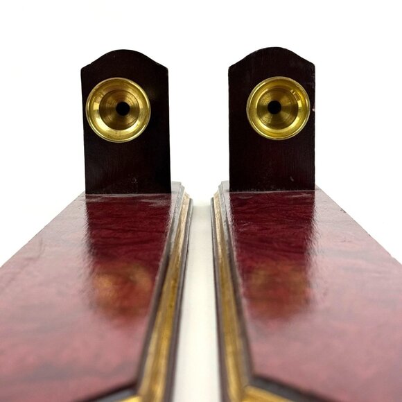 Vintage Pair of Wooden Wall Candleholders Sconces with Brass Candle Taper - Picture 8 of 9